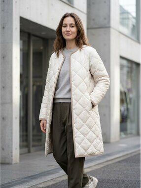 TAION City Line Quilted Long Coat in Cream for Women